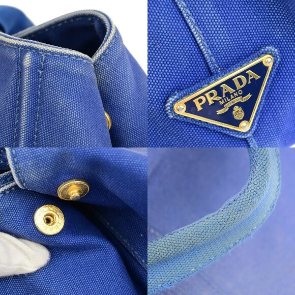 PRADA Milano Logo CANAPA Tote Hand Bag Canvas Leather Blue Gold - Picture 11 of 16